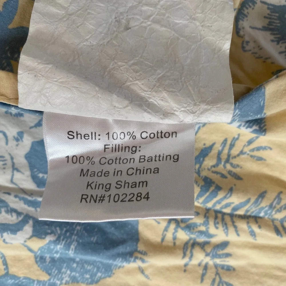 Floral Toile Quilted King Sham Yellow Blue Scalloped‎ Edge 100% Cotton RN102284